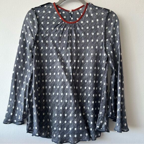 SMYTHE Bardot Polka Dot Blouse Navy/Rust - Picture 7 of 10